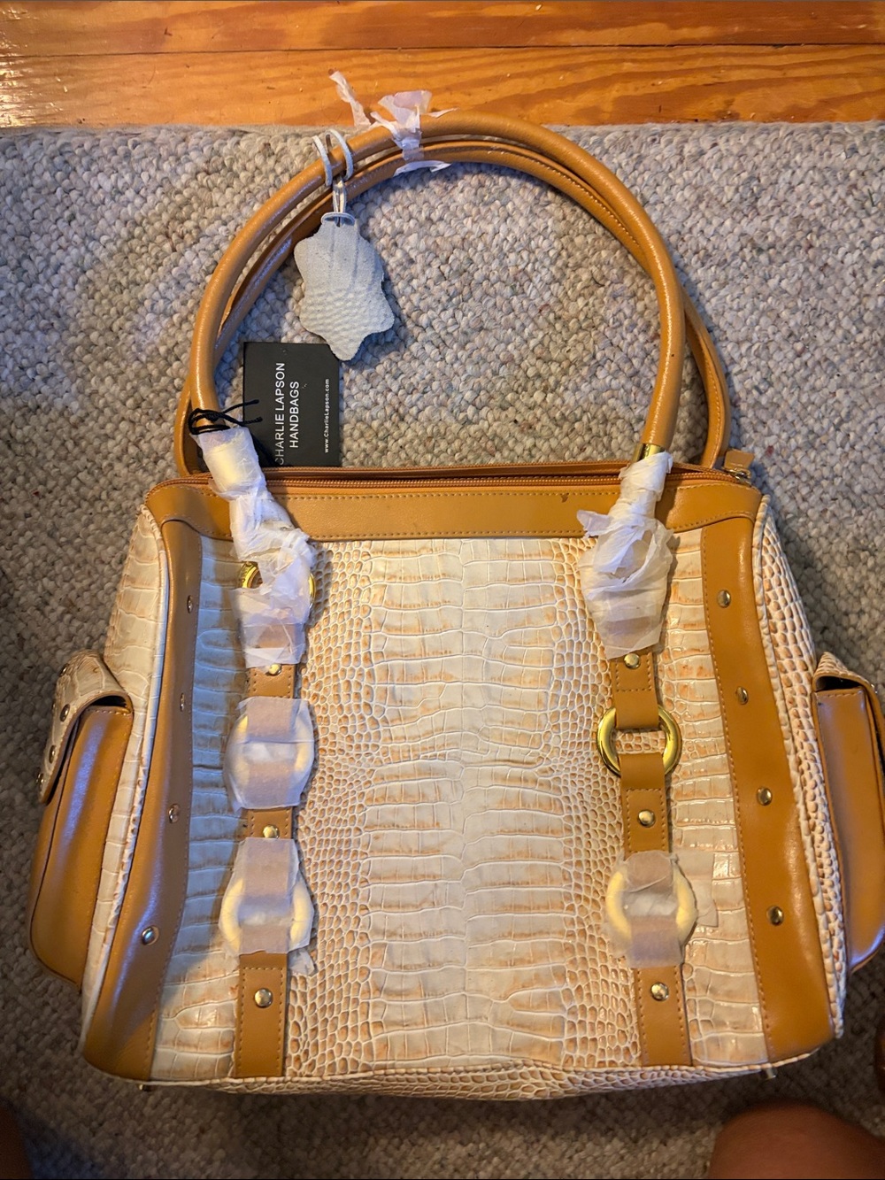 Charlie Lapson Unbranded Two-Tone Cream Croc-Embossed Satchel with Tan Trim